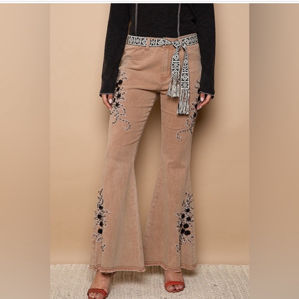 Contrast Embroidered Twill Flare Pants